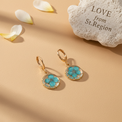 Light Blue Pressed Flower & Goldtone Round Huggie Earrings - Street Region