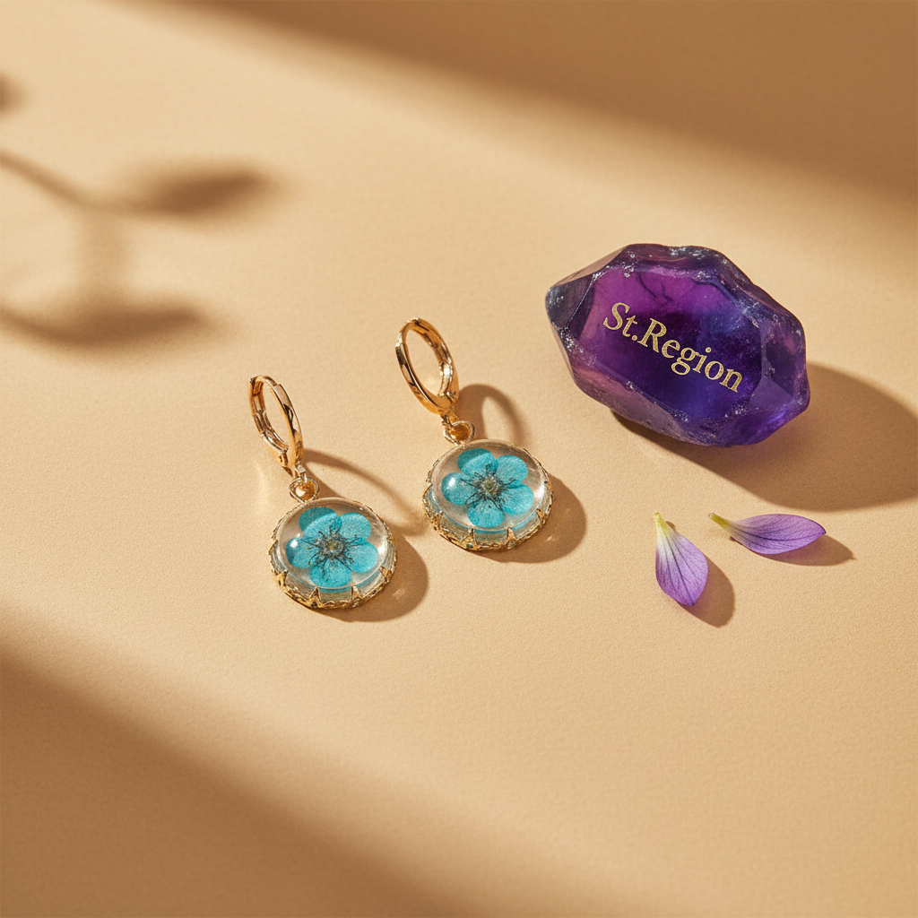 Light Blue Pressed Flower & Goldtone Round Huggie Earrings - Street Region
