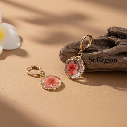 Red Pressed Flower and Goldtone Round Huggie Earrings, gold huggie earrings, elegant gift for her, front view