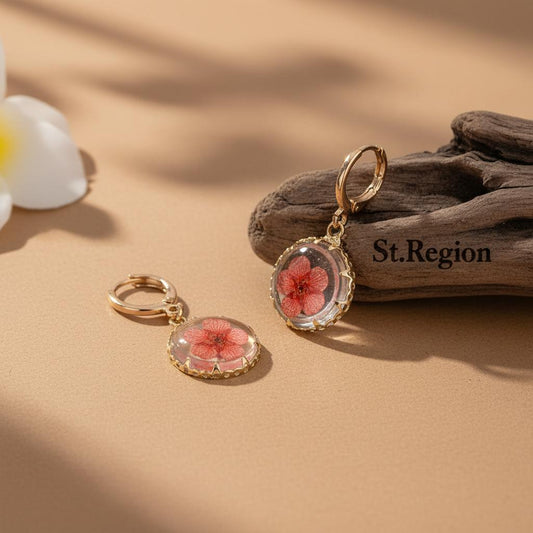 Red Pressed Flower and Goldtone Round Huggie Earrings, gold huggie earrings, elegant gift for her, front view