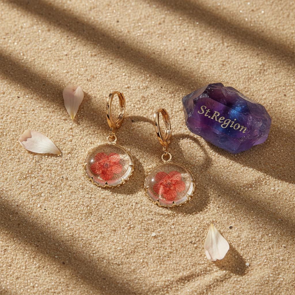 Red Pressed Flower and Goldtone Round Huggie Earrings, gold huggie earrings, elegant gift for her, detail close-up