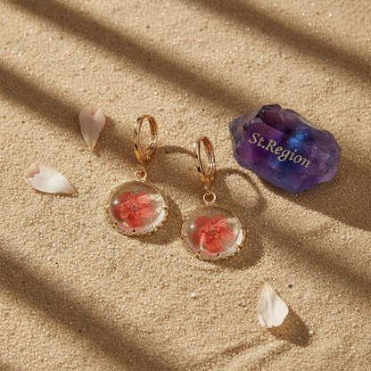 Red Pressed Flower and Goldtone Round Huggie Earrings, gold huggie earrings, elegant gift for her, detail close-up