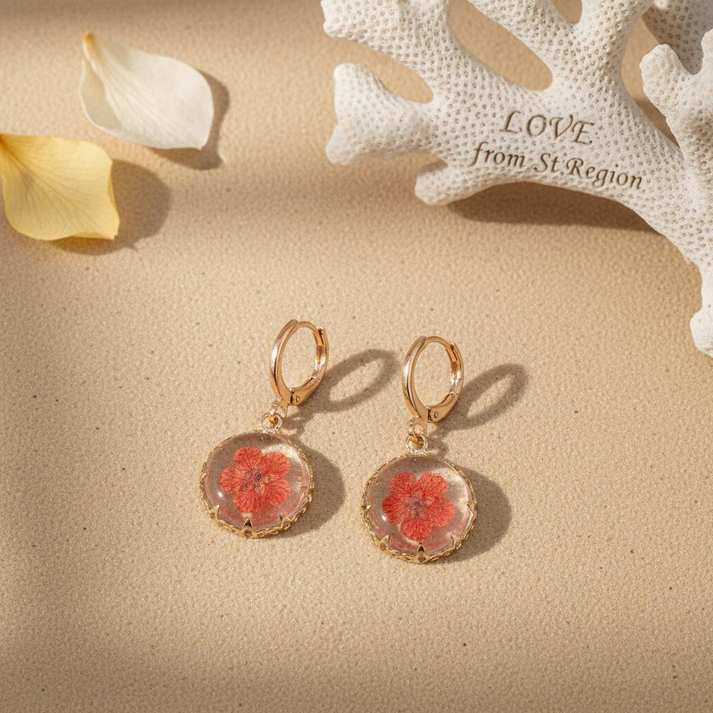 Red Pressed Flower and Goldtone Round Huggie Earrings, gold huggie earrings, elegant gift for her, lifestyle look