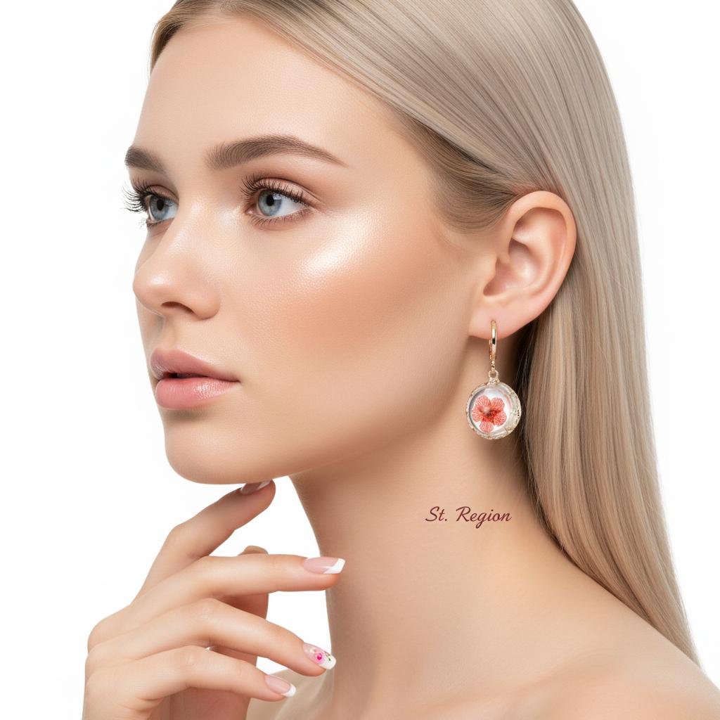Red Pressed Flower and Goldtone Round Huggie Earrings, gold huggie earrings, elegant gift for her, styled look