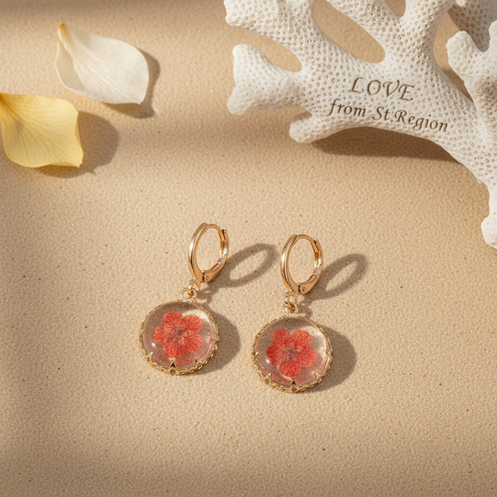 Red Pressed Flower & Goldtone Round Huggie Earrings - Street Region