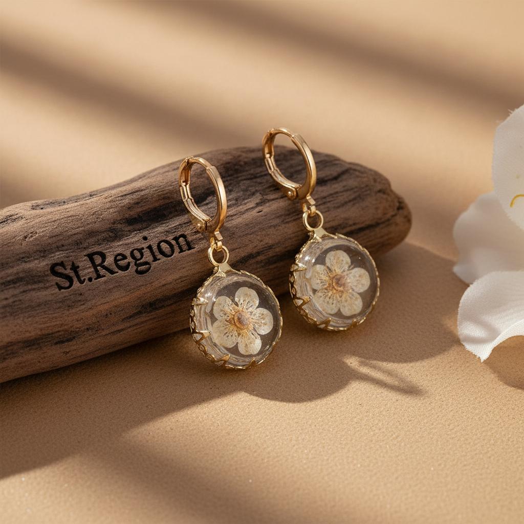 Yellow Pressed Flower and Goldtone Round Huggie Earrings, gold huggie earrings, dainty minimalist design, front view