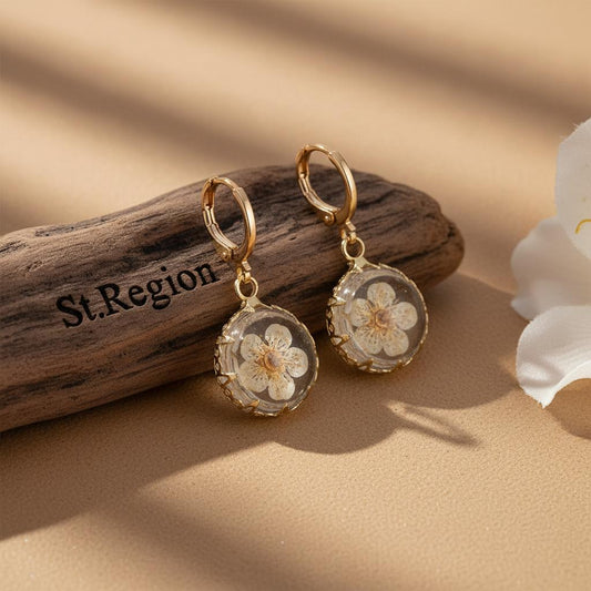 Yellow Pressed Flower and Goldtone Round Huggie Earrings, gold huggie earrings, dainty minimalist design, front view