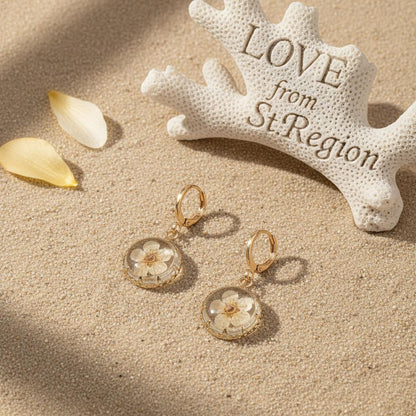 Yellow Pressed Flower and Goldtone Round Huggie Earrings, gold huggie earrings, dainty minimalist design, lifestyle look