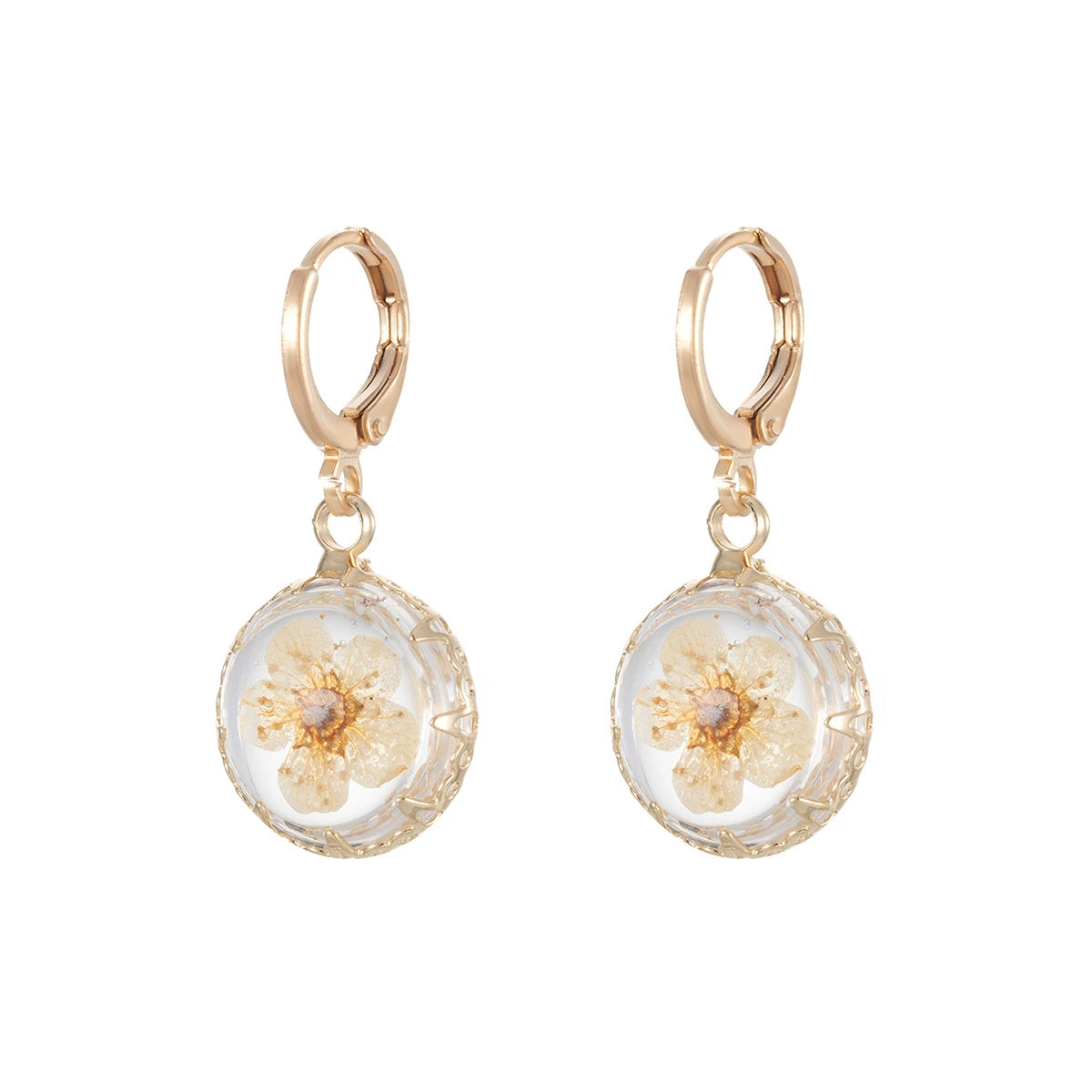 Yellow Pressed Flower & Goldtone Round Huggie Earrings