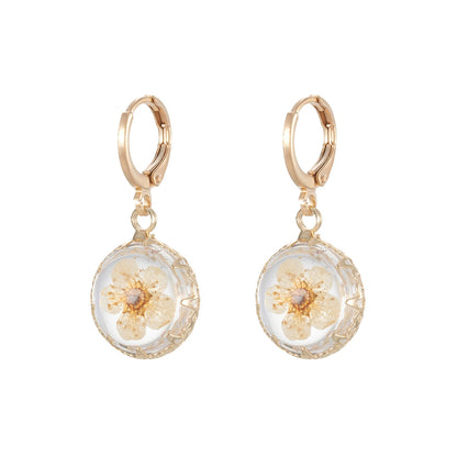Yellow Pressed Flower & Goldtone Round Huggie Earrings
