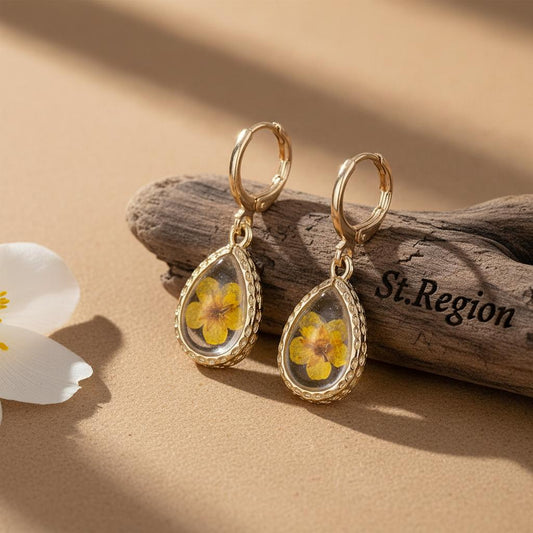 Yellow Pressed Flower and Goldtone Drop Huggie Earrings, gold huggie earrings, everyday style, front view