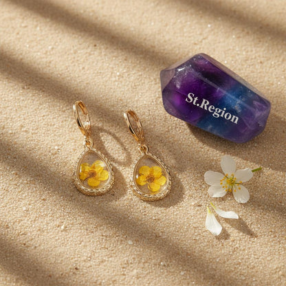 Yellow Pressed Flower and Goldtone Drop Huggie Earrings, gold huggie earrings, everyday style, detail close-up