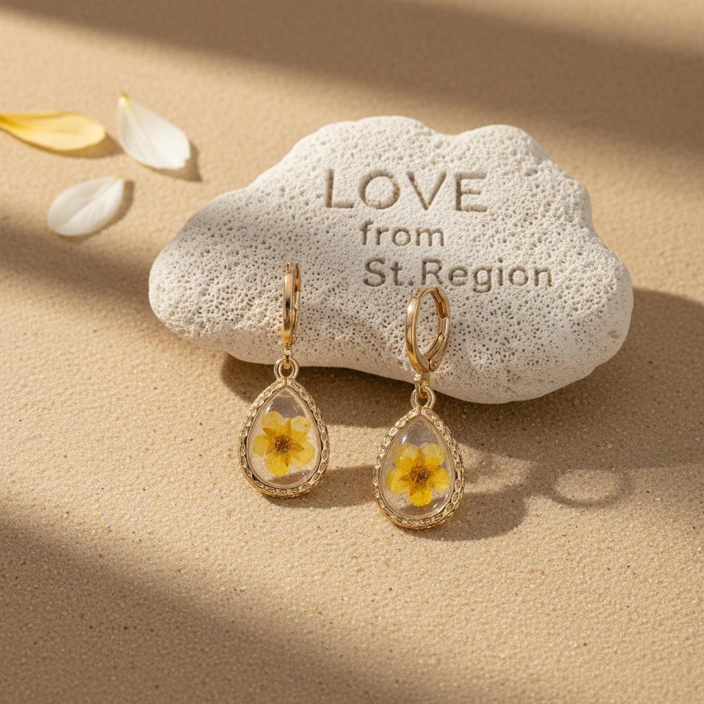 Yellow Pressed Flower and Goldtone Drop Huggie Earrings, gold huggie earrings, everyday style, lifestyle look