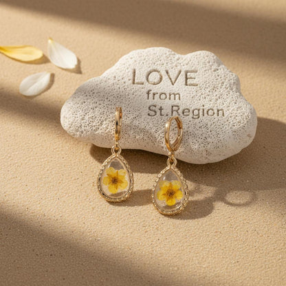 Yellow Pressed Flower and Goldtone Drop Huggie Earrings, gold huggie earrings, everyday style, lifestyle look