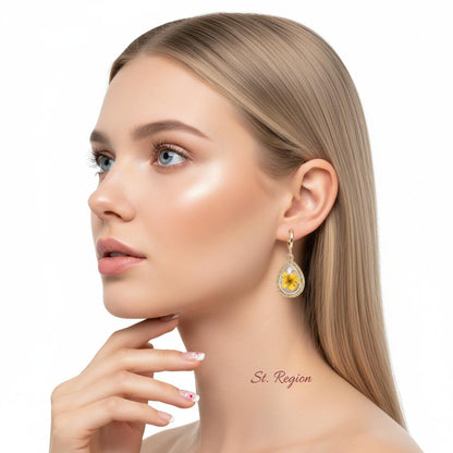 Yellow Pressed Flower and Goldtone Drop Huggie Earrings, gold huggie earrings, everyday style, styled look