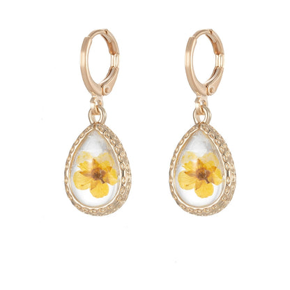 Yellow Pressed Flower & Goldtone Drop Huggie Earrings
