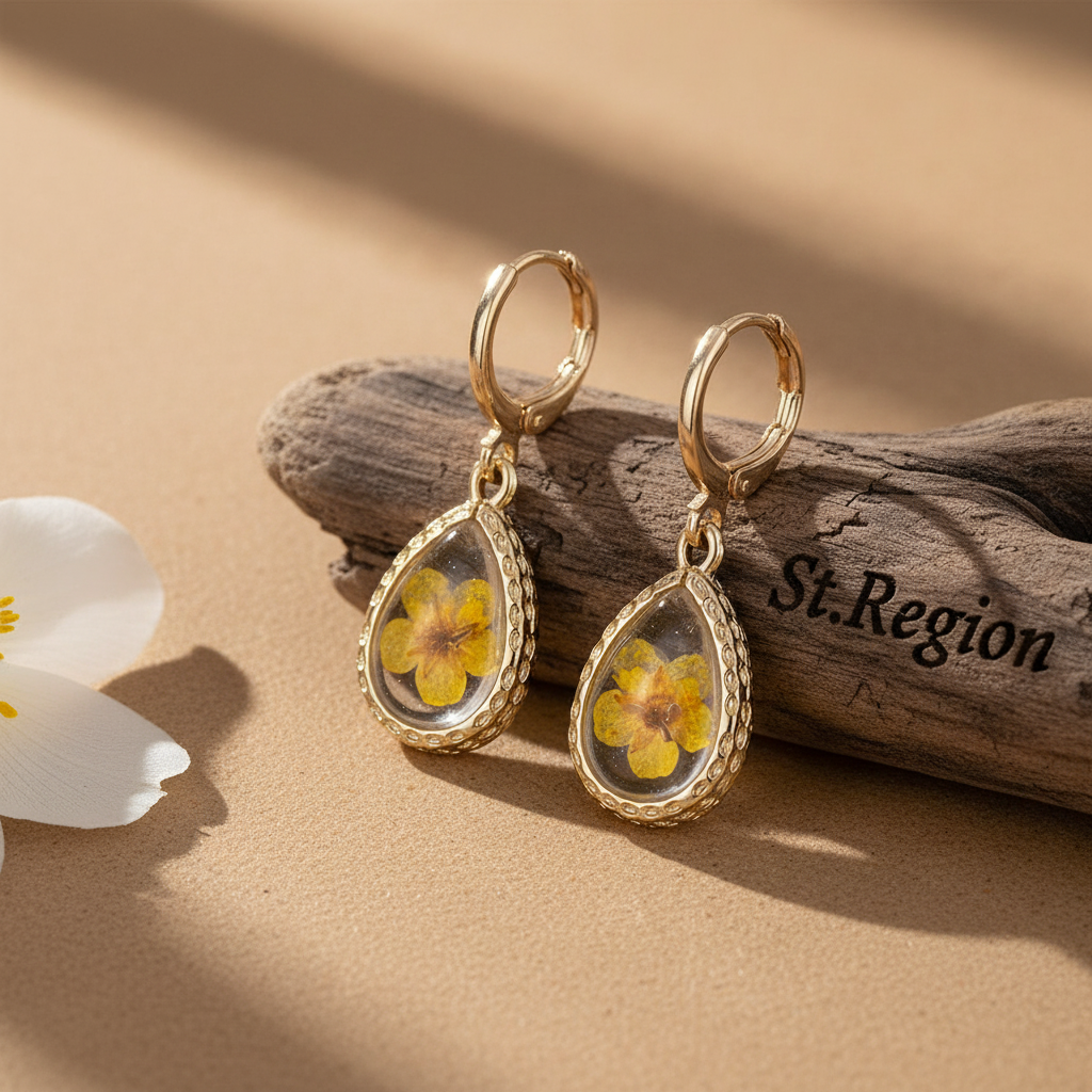 Yellow Pressed Flower & Goldtone Drop Huggie Earrings - Street Region