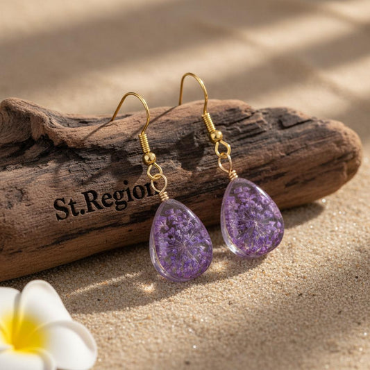Purple Pressed Flower and Goldtone Drop Hook Earrings, gold drop earrings for women, everyday style, front view