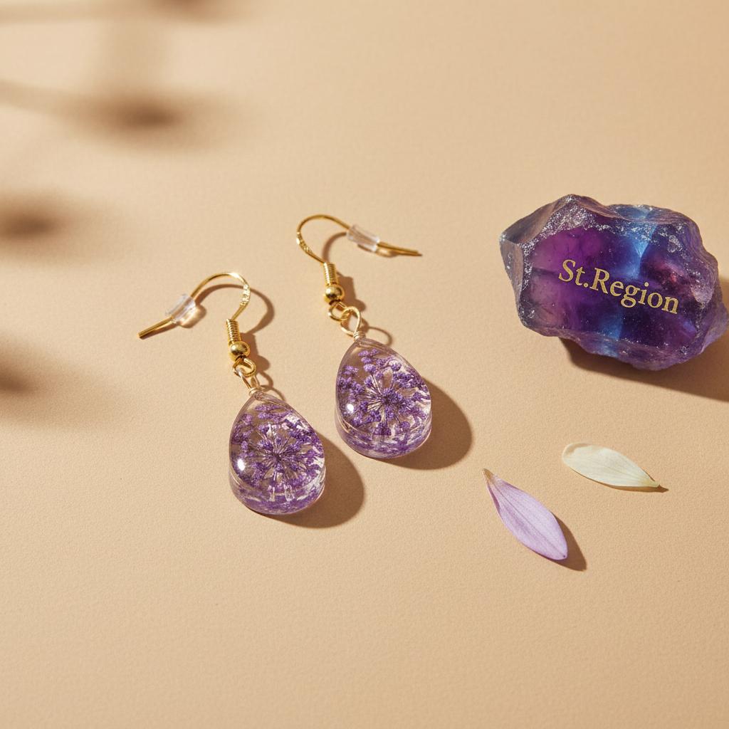 Purple Pressed Flower and Goldtone Drop Hook Earrings, gold drop earrings for women, everyday style, detail close-up