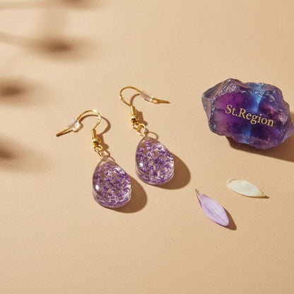 Purple Pressed Flower and Goldtone Drop Hook Earrings, gold drop earrings for women, everyday style, detail close-up