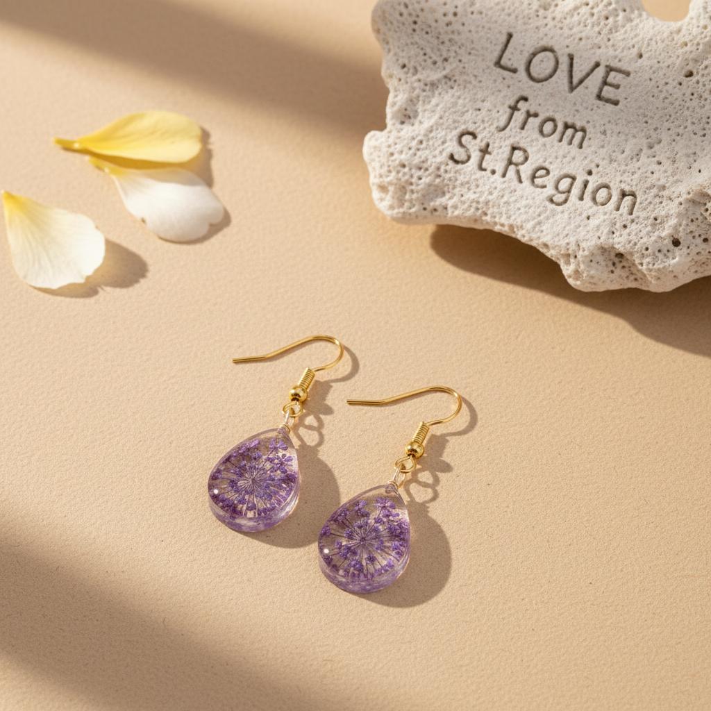 Purple Pressed Flower and Goldtone Drop Hook Earrings, gold drop earrings for women, everyday style, lifestyle look