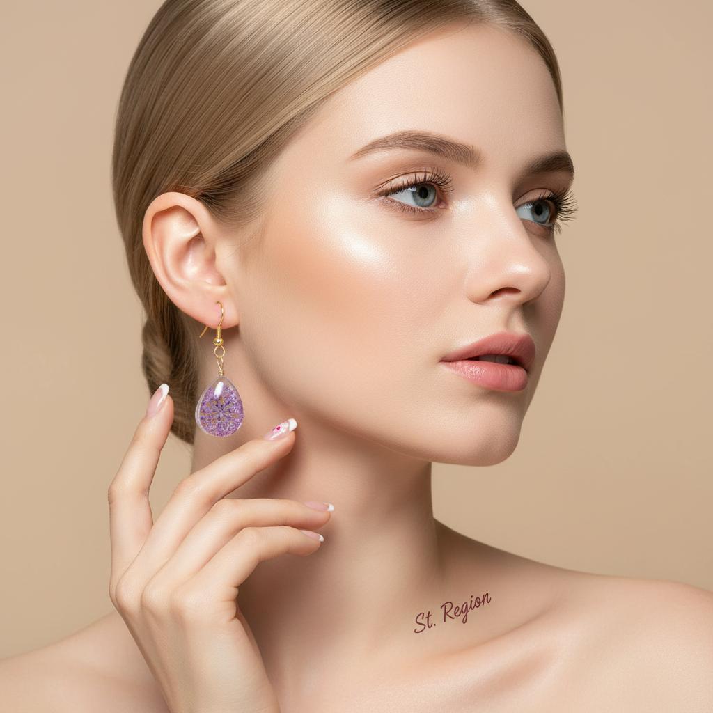 Purple Pressed Flower and Goldtone Drop Hook Earrings, gold drop earrings for women, everyday style, styled look