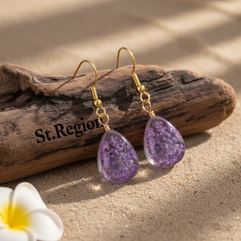 Purple Pressed Flower & Goldtone Drop Hook Earrings - Street Region