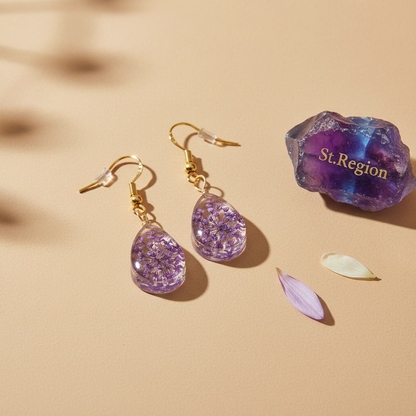 Purple Pressed Flower & Goldtone Drop Hook Earrings - Street Region
