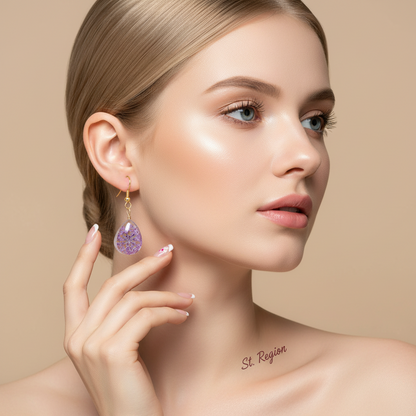 Purple Pressed Flower & Goldtone Drop Hook Earrings - Street Region