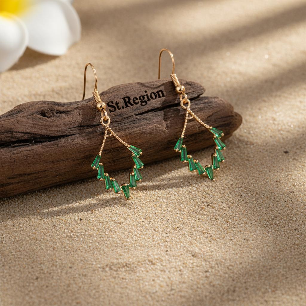 Green Cubic Zirconia and Goldtone Rhombus Hook Earrings, gold drop earrings for women, vintage-inspired design, front view