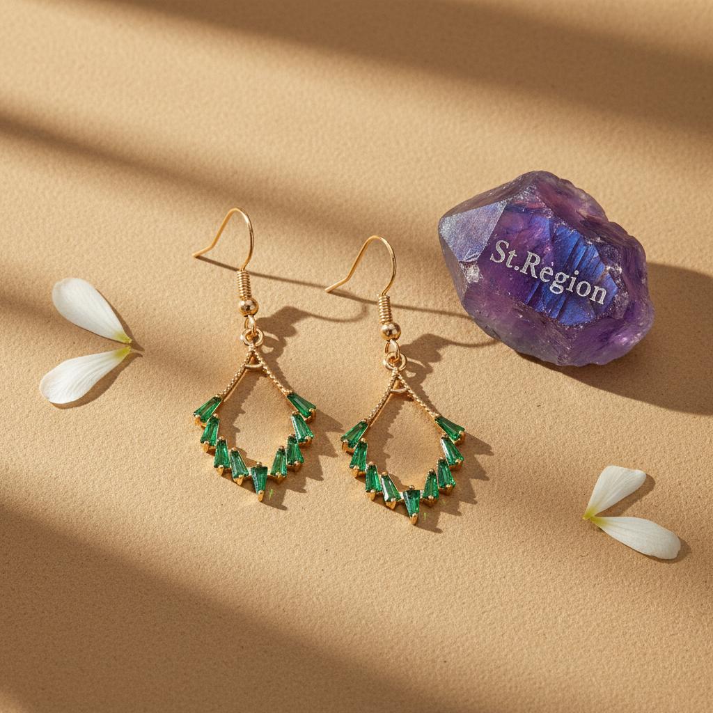 Green Cubic Zirconia and Goldtone Rhombus Hook Earrings, gold drop earrings for women, detail close-up