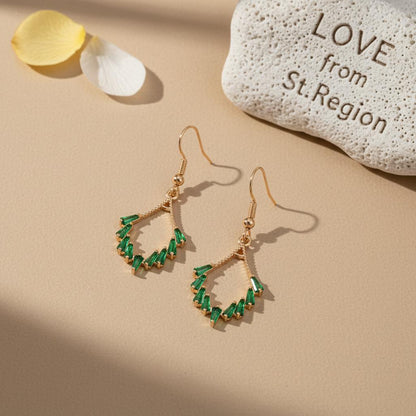 Green Cubic Zirconia and Goldtone Rhombus Hook Earrings, gold drop earrings for women, lifestyle look