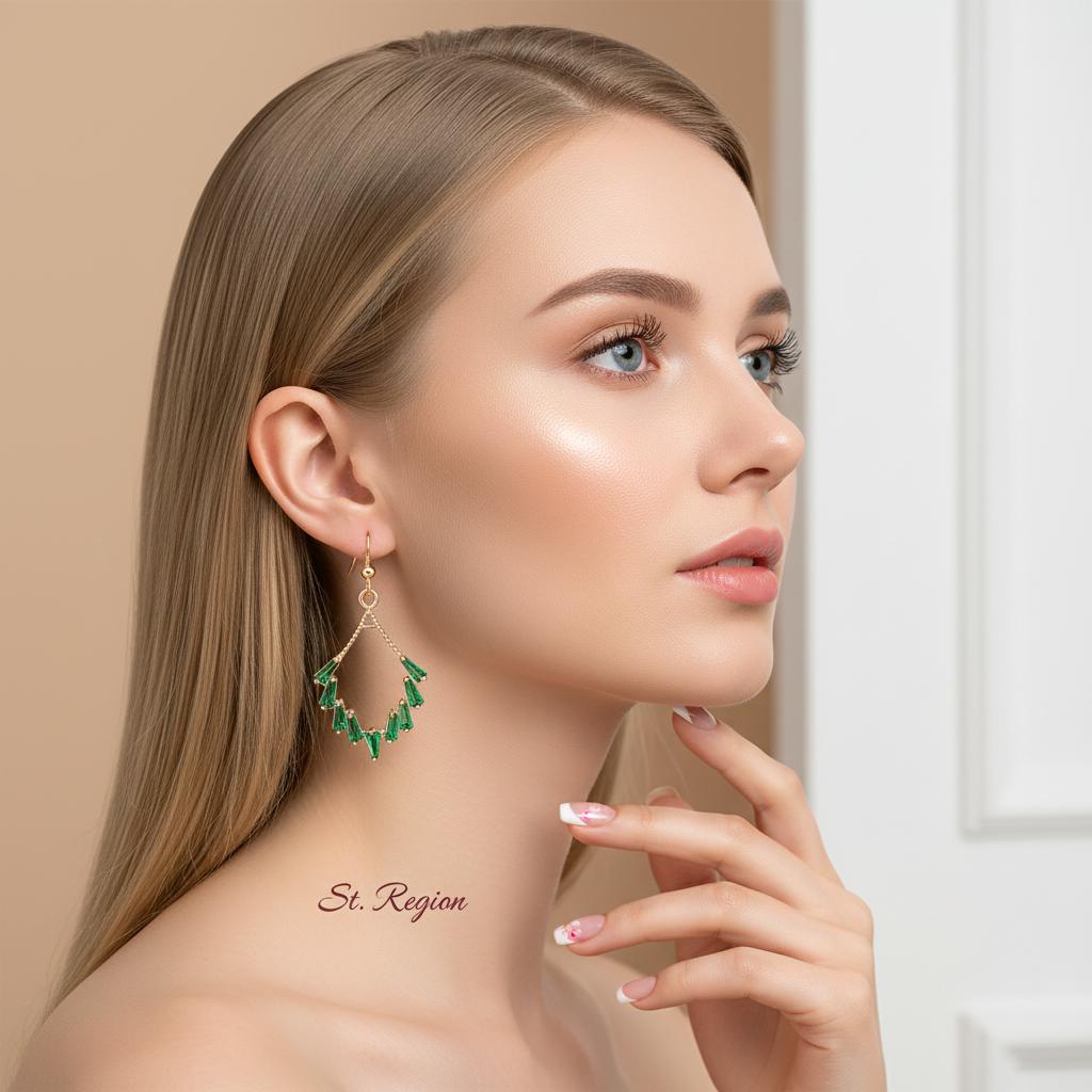 Green Cubic Zirconia and Goldtone Rhombus Hook Earrings, gold drop earrings for women, vintage-inspired design, styled look