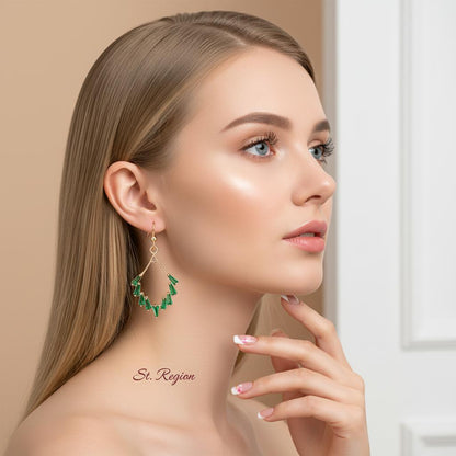 Green Cubic Zirconia and Goldtone Rhombus Hook Earrings, gold drop earrings for women, vintage-inspired design, styled look