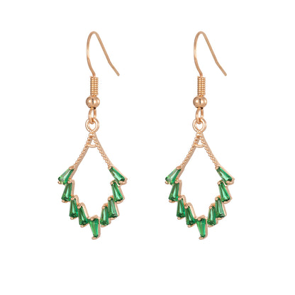 Green Cubic Zirconia & Goldtone Rhombus Hook Earrings