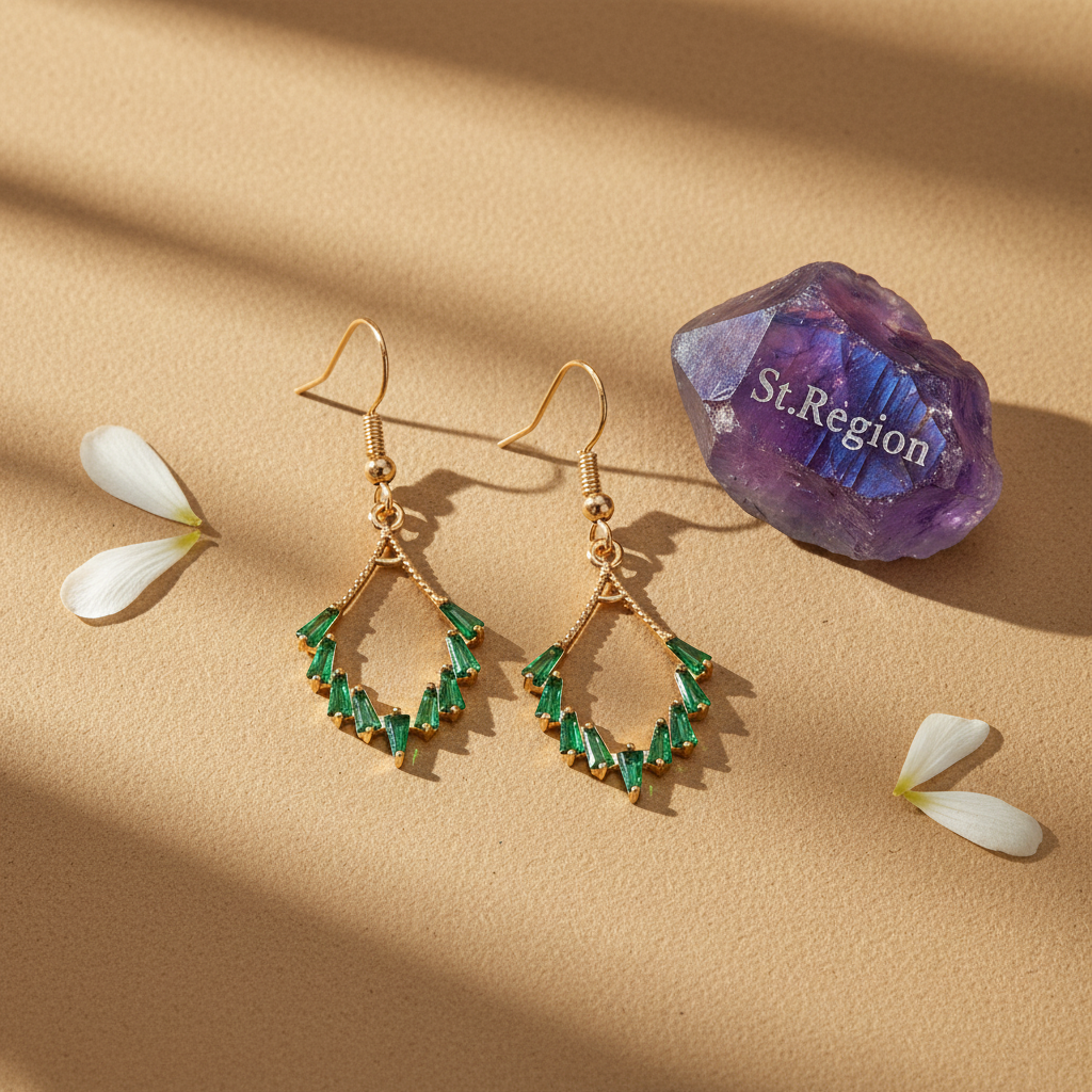 Green Cubic Zirconia & Goldtone Rhombus Hook Earrings - Street Region