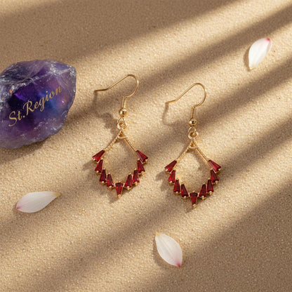 Red Cubic Zirconia and Goldtone Rhombus Hook Earrings, gold drop earrings for women, vintage-inspired design, detail close-up