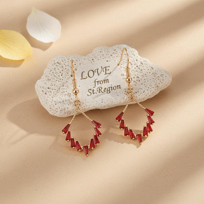 Red Cubic Zirconia and Goldtone Rhombus Hook Earrings, gold drop earrings for women, vintage-inspired design, lifestyle look