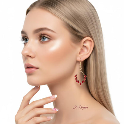 Red Cubic Zirconia and Goldtone Rhombus Hook Earrings, gold drop earrings for women, vintage-inspired design, styled look