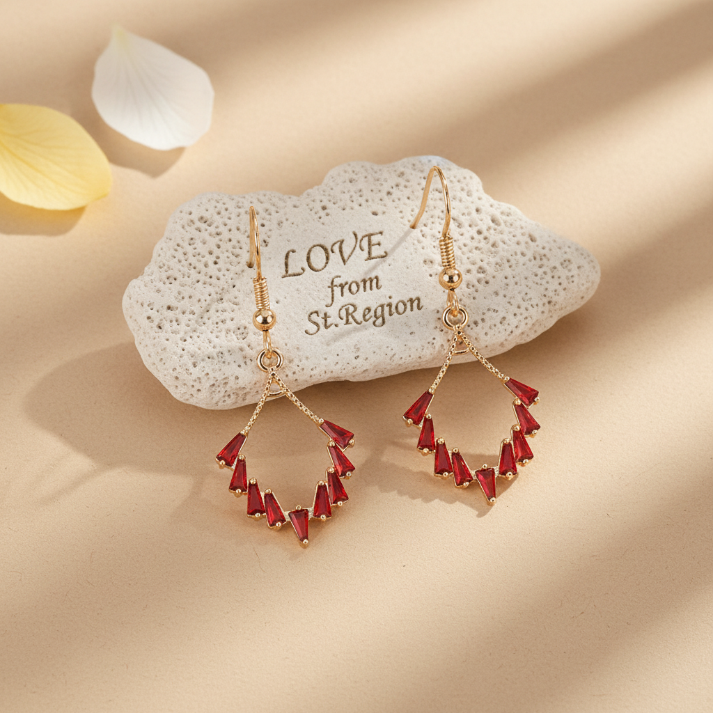 Red Cubic Zirconia & Goldtone Rhombus Hook Earrings - Street Region