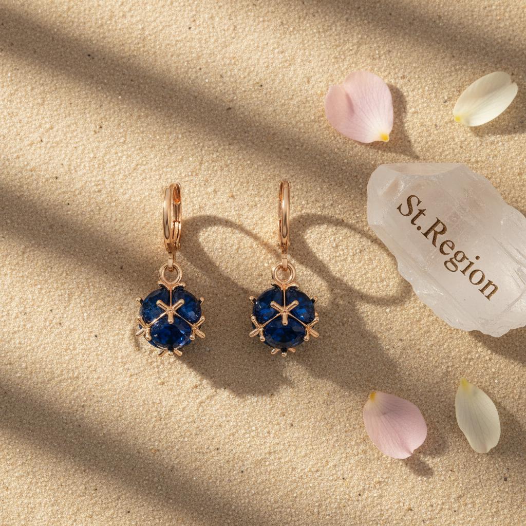 Blue Crystal and Goldtone Ball Huggie Earrings, gold huggie earrings, vintage-inspired design, detail close-up