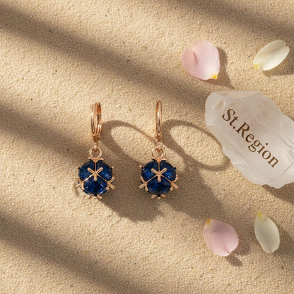 Blue Crystal and Goldtone Ball Huggie Earrings, gold huggie earrings, vintage-inspired design, detail close-up