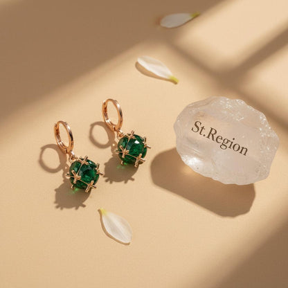 Green Crystal and Goldtone Ball Huggie Earrings, gold huggie earrings, everyday style, detail close-up