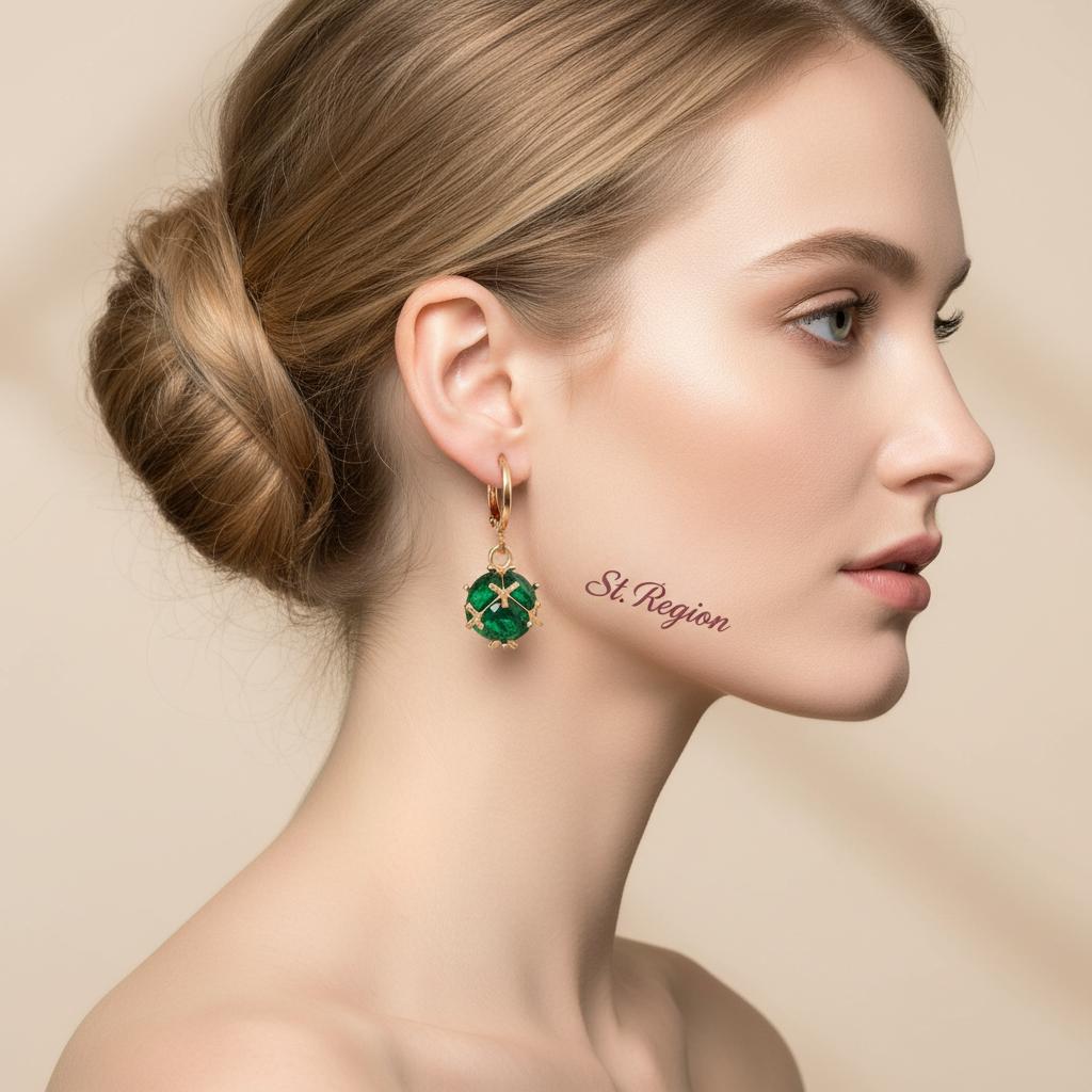 Green Crystal and Goldtone Ball Huggie Earrings, gold huggie earrings, everyday style, styled look