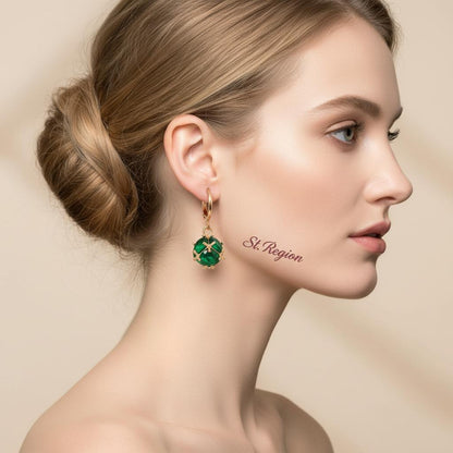 Green Crystal and Goldtone Ball Huggie Earrings, gold huggie earrings, everyday style, styled look