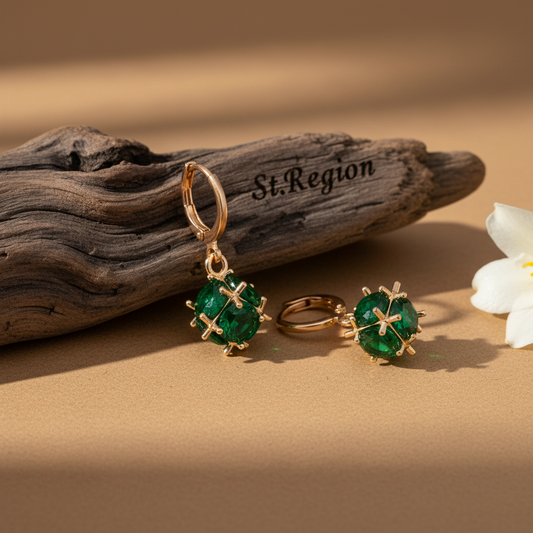 Green Crystal & Goldtone Ball Huggie Earrings - Street Region