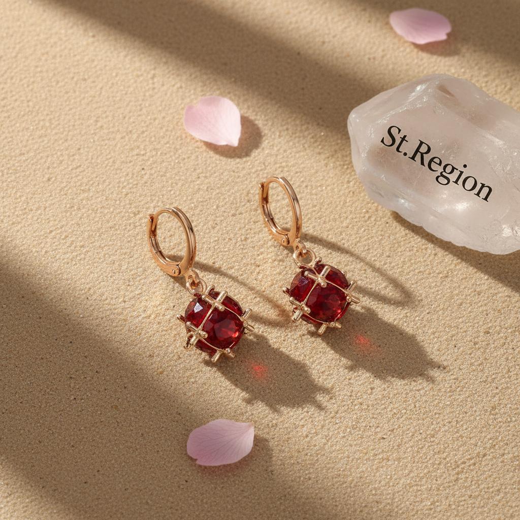 Red Crystal and Goldtone Ball Huggie Earrings, gold huggie earrings, dainty minimalist design, detail close-up