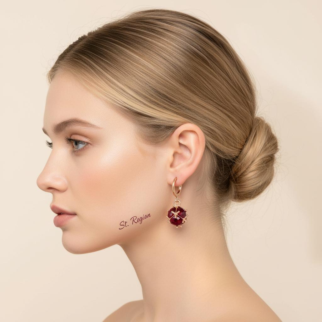 Red Crystal and Goldtone Ball Huggie Earrings, gold huggie earrings, dainty minimalist design, styled look
