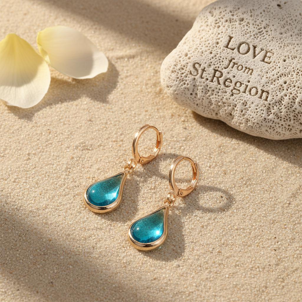 Blue Glass and Goldtone Drop Shape Huggie Earrings, gold drop earrings for women, vintage-inspired design, lifestyle look