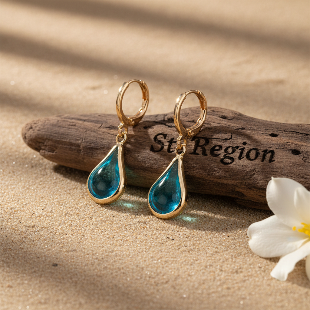 Blue Glass & Goldtone Drop Shape Huggie Earrings - Street Region